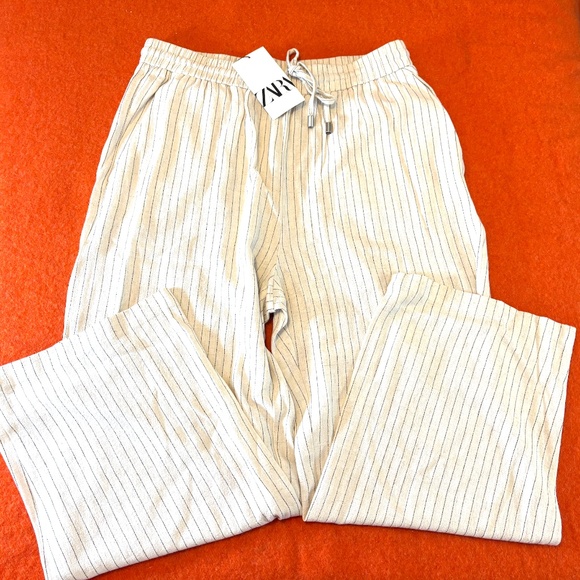 Zara light cream striped linen blend high elastic waist pants NWT - Picture 3 of 10
